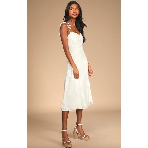 Lulus Loveliest Looks White Floral Jacquard Tie-Strap Midi Dress Medium NWT - Picture 4 of 13